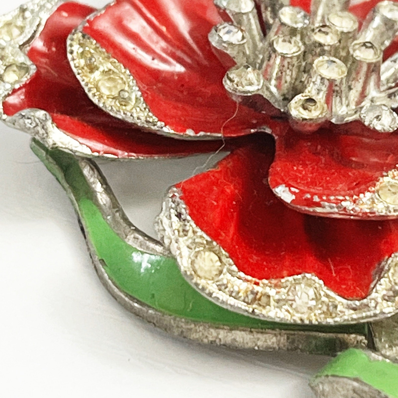 New England Glass Works Trembler Brooch Red Pansy Flower Enamel Pot Metal