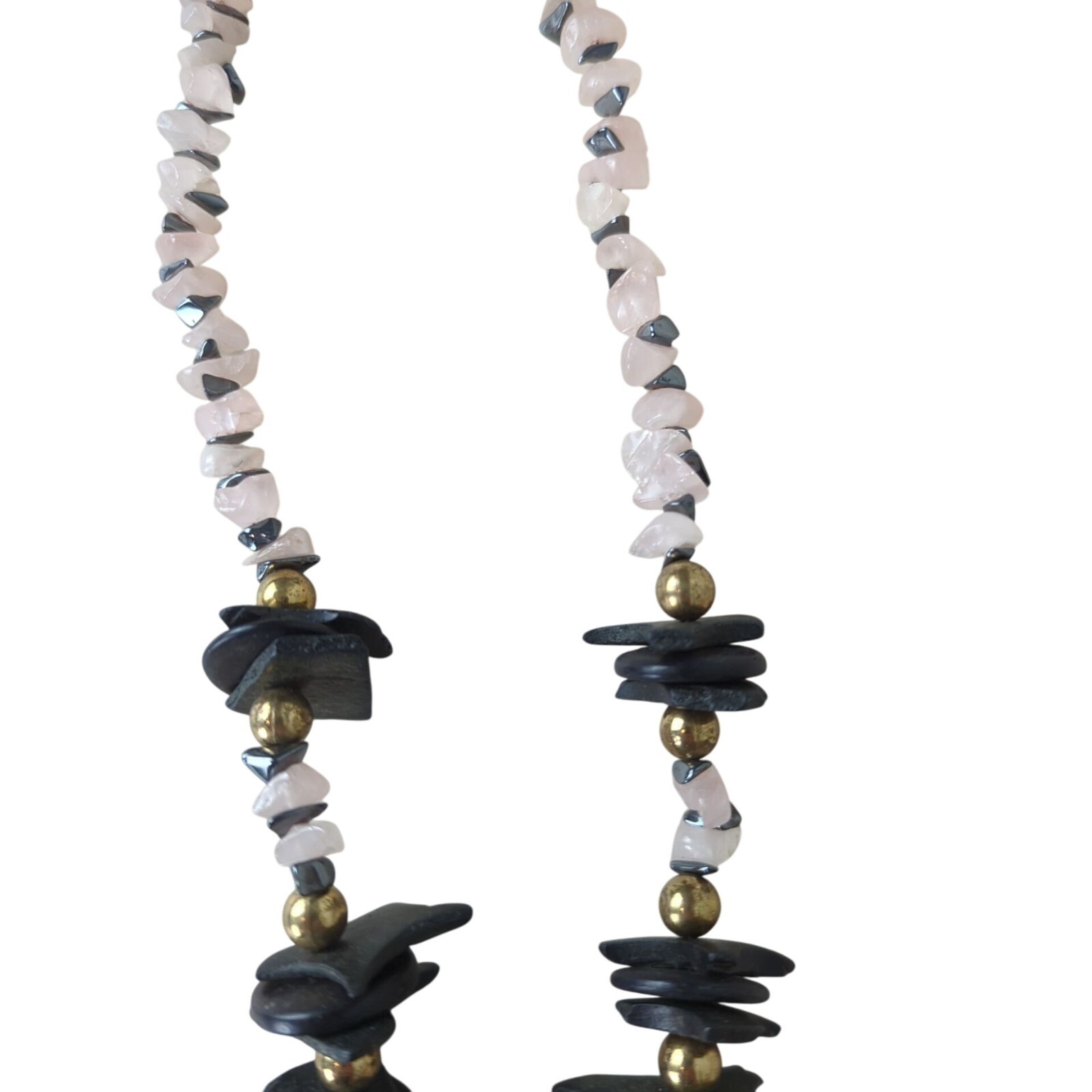 Vintage Harlequin Face Ceramic Pendant Necklace Pink and black stone & wood 25″