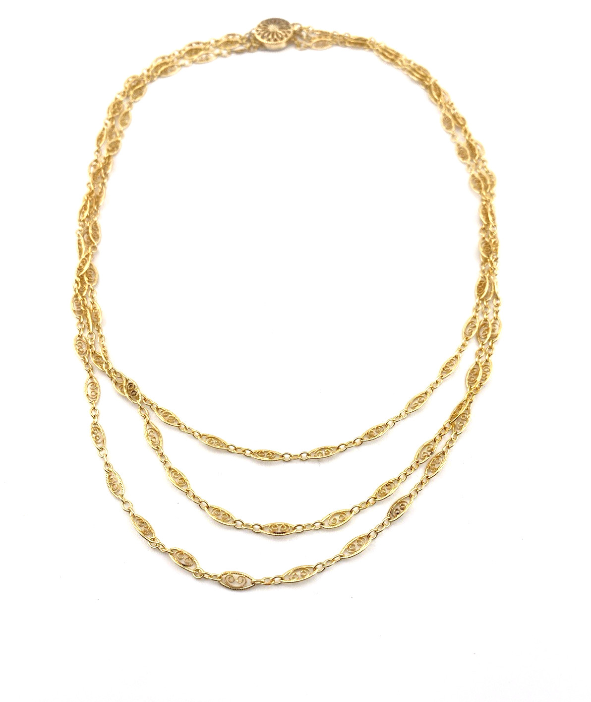 Triple Strand Filigree Link Gold Filled Necklace Vermeil Clasp 16 1/4 In