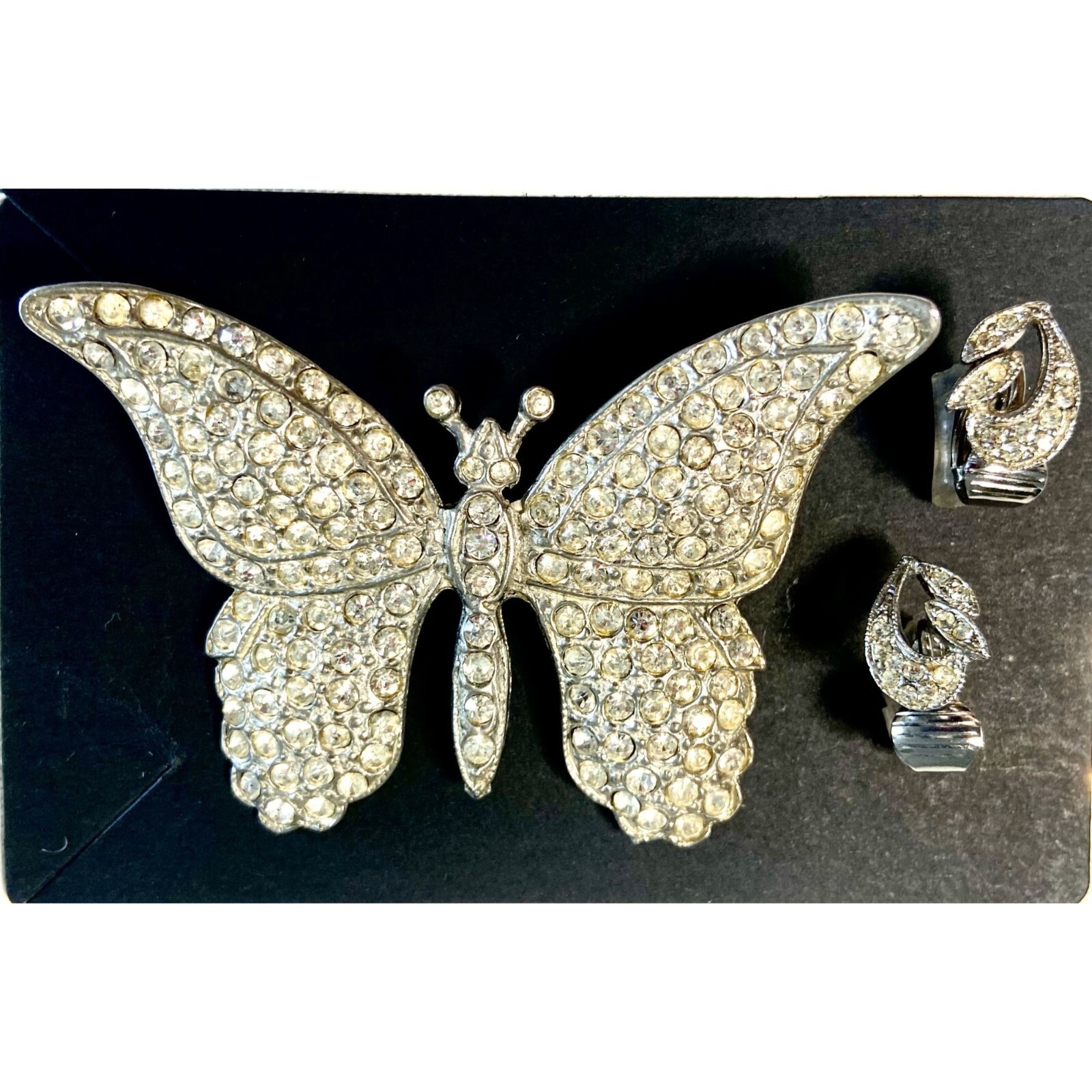 Rhinestone Butterfly Brooch with Rair of Rhinestone Clip On Earrings Set Glam