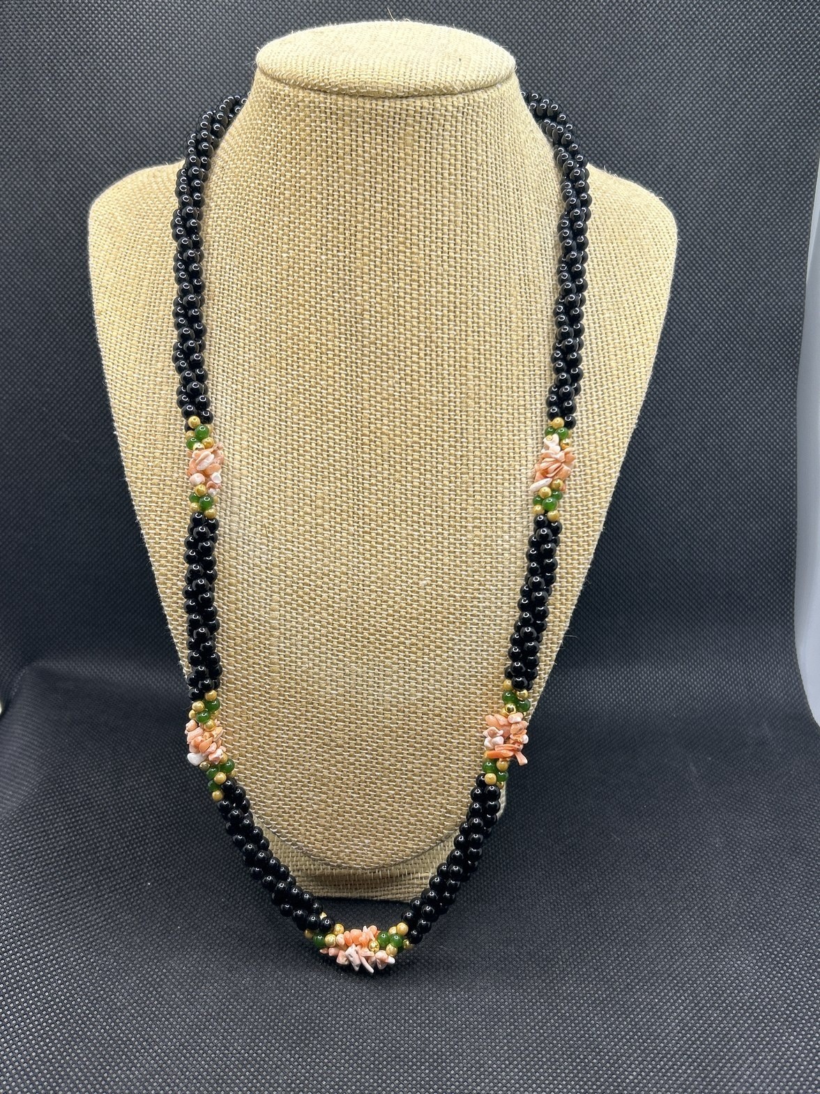 Vintage Twisted Beaded Necklace Black Onyx Jade Coral Chip Gold Tone Multi Str