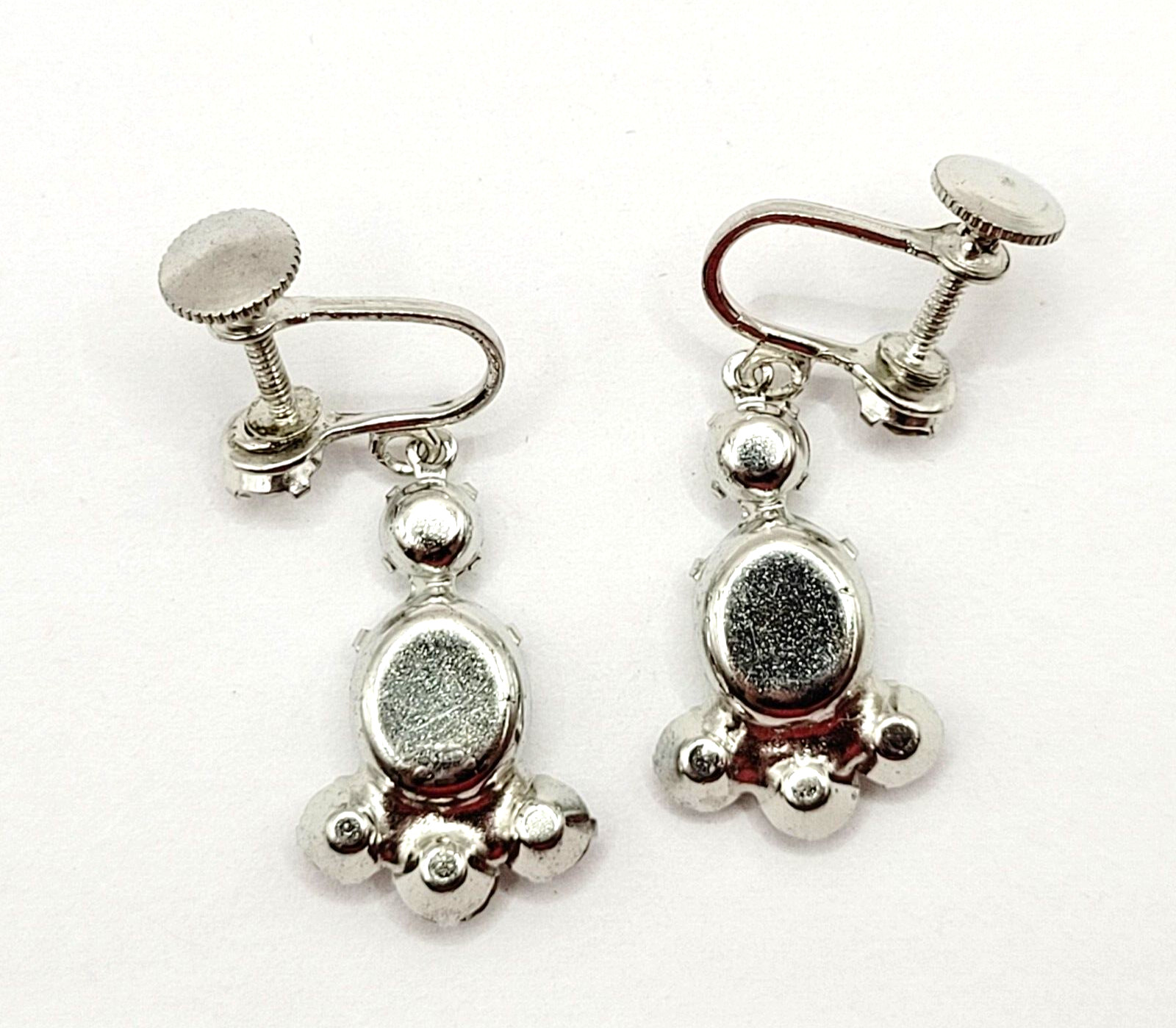 Crystal Rhinestone Cluster Silver Tone Drop Dangle Screw Back Vintage Earrings