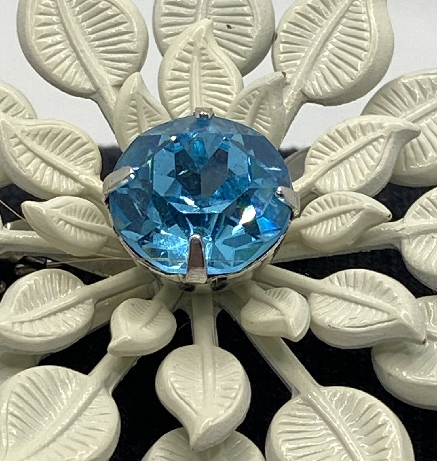 Vintage White Enamel Blue Topaz Rhinestone Flower Brooch & Clip-on Earring Set