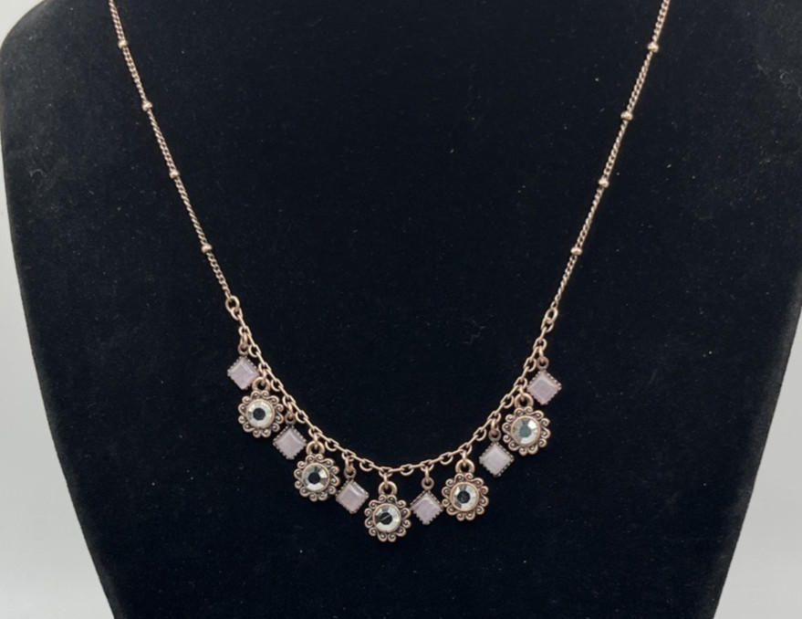 Lia Sophia Demure Copper Tone Rhinestone Dangle Charm Necklace Dainty Feminine