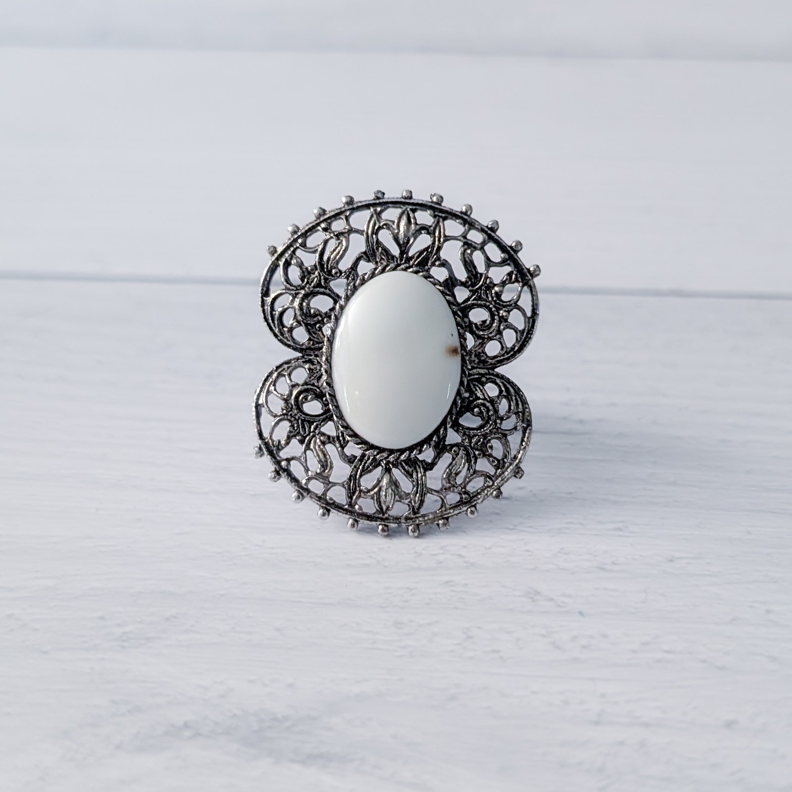 Vintage Ring Extra Large Dark Silver Tone with White Center Statement