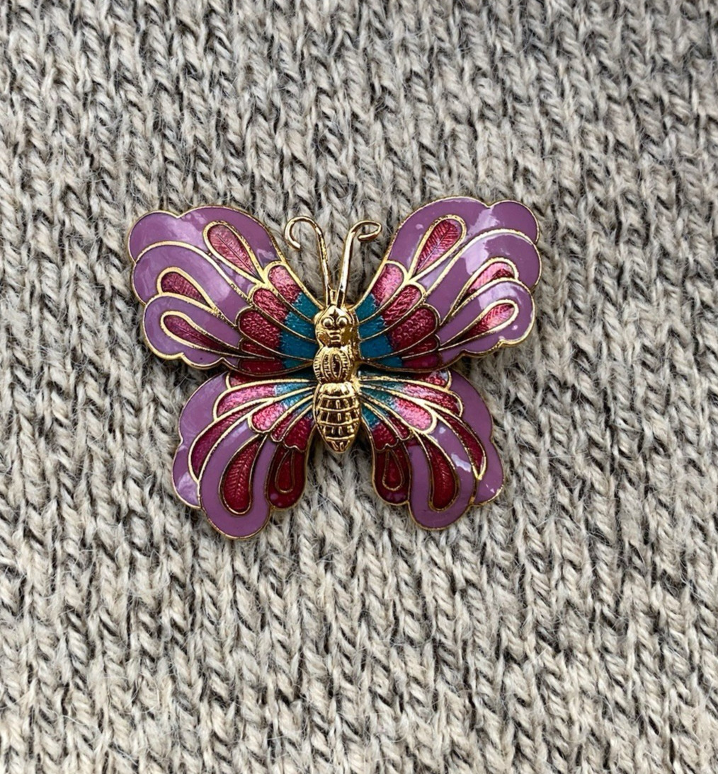 Vintage Butterfly Brooch Cloisone 3D Enamel Pink Lepidoptra 80s Gift Gold Tone