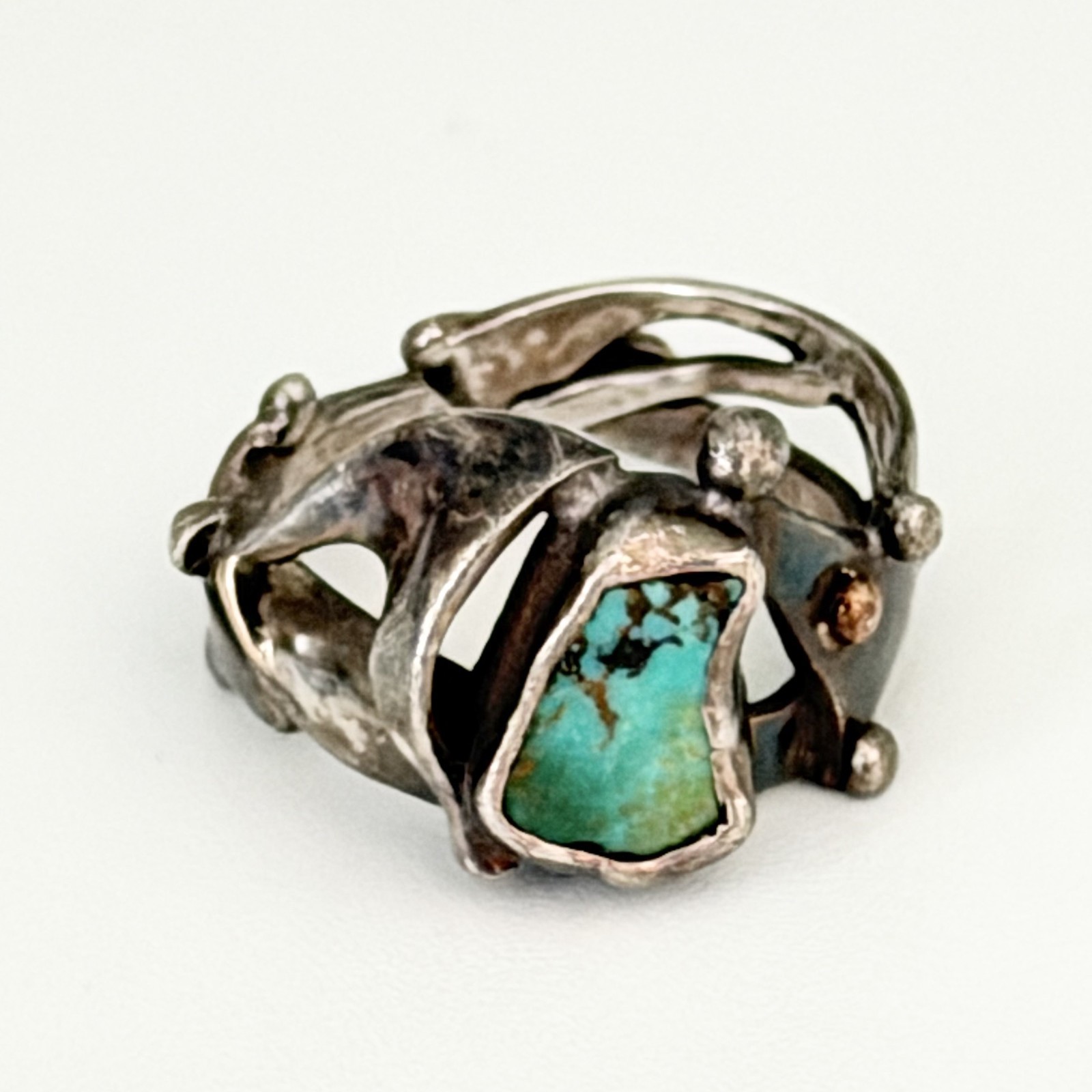 Vintage Brutalist Sterling Silver Turquoise Unique Modernist Ring Size 7
