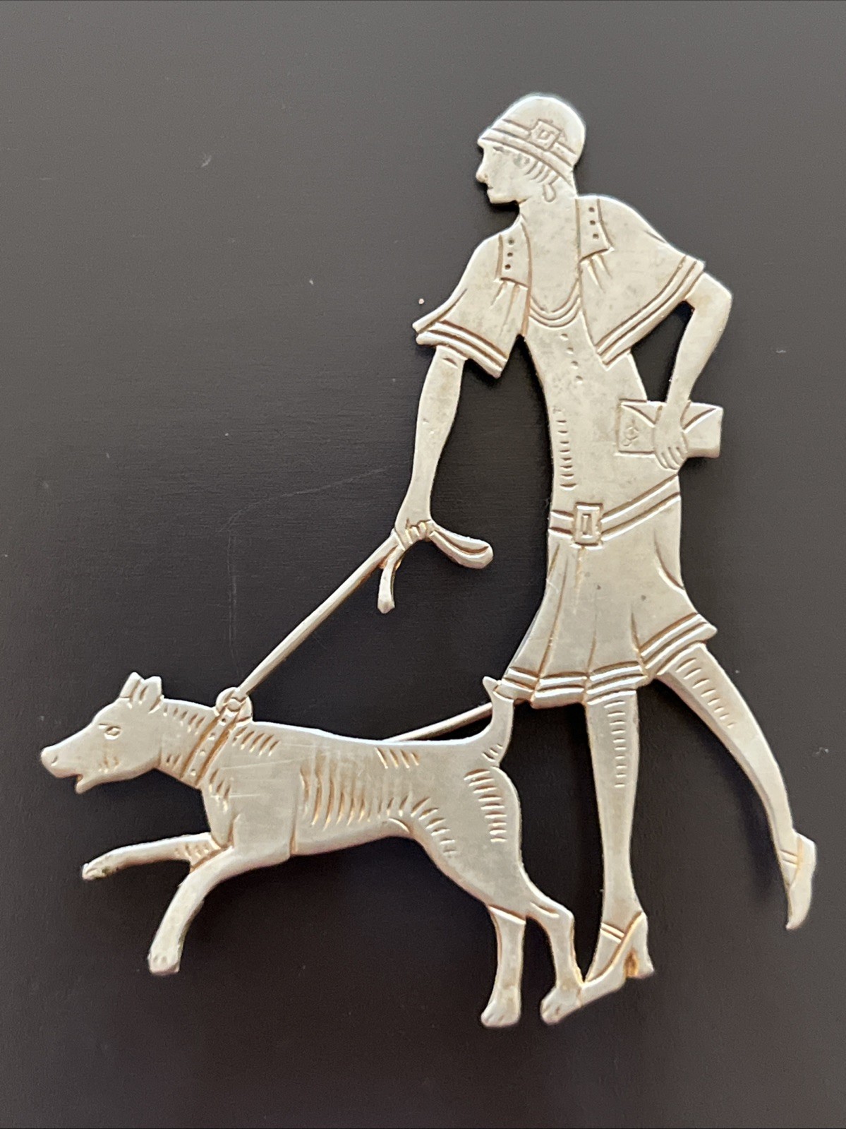 RARE Vogue ART DECO 1920s Vintage CHROME Lady Walking DOG Brooch PIN