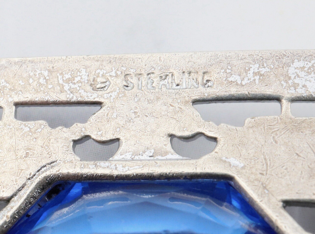 Antique Art Deco Blue Lozenge Shape Plaque Rhodium Plated Sterling Necklace