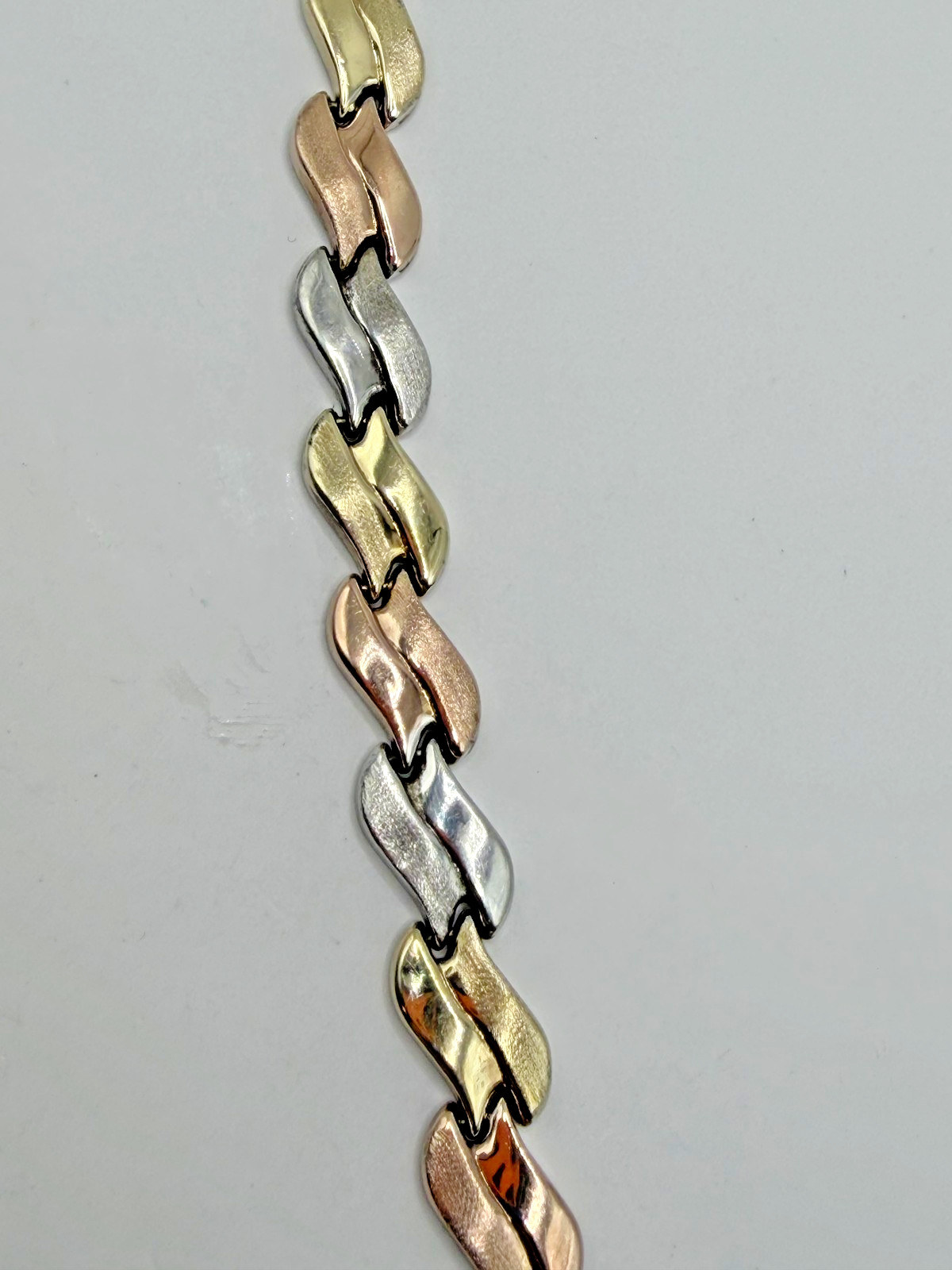 TRI COLOR STERLING SILVER 925 LINK BRACELET MIXED METAL WAVY BOX CLASP VINTAGE