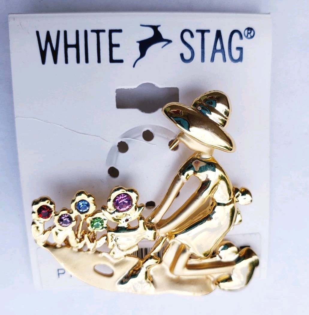 White Stag Gold Tone Gardener Gardening Planting Flowers Brooch Rhinestones