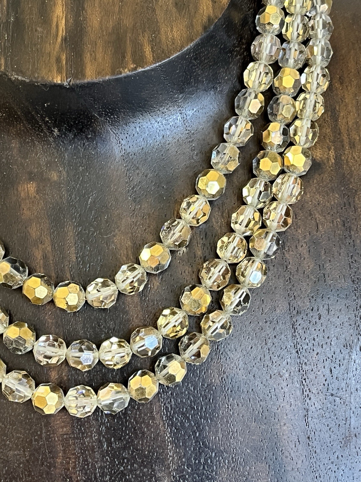 Silver Gold AB Beaded Necklace and Clip On Earrings Set Three Strand Necklace