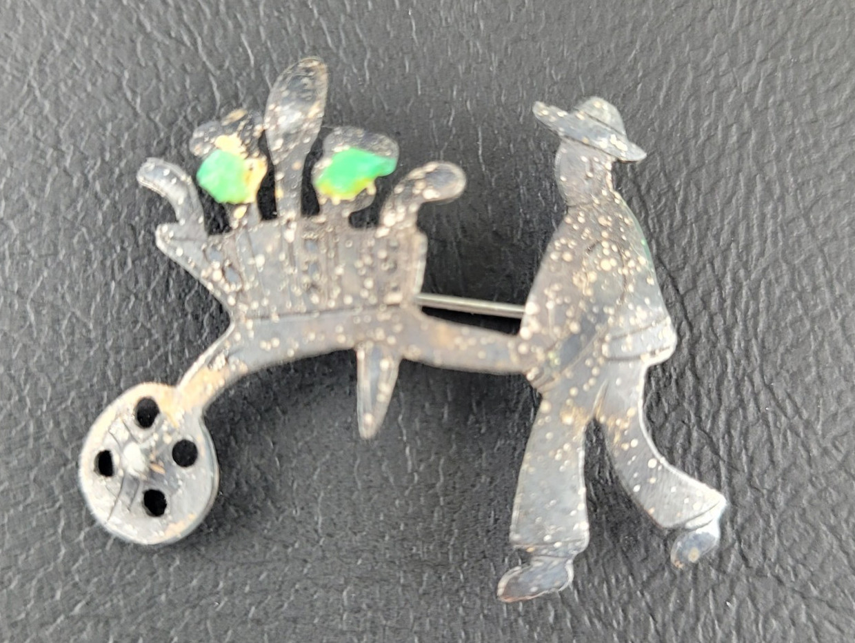 Vintage Man With Flower Cart Brooch Signed 980 Thin Silver Tarnished C Clasp