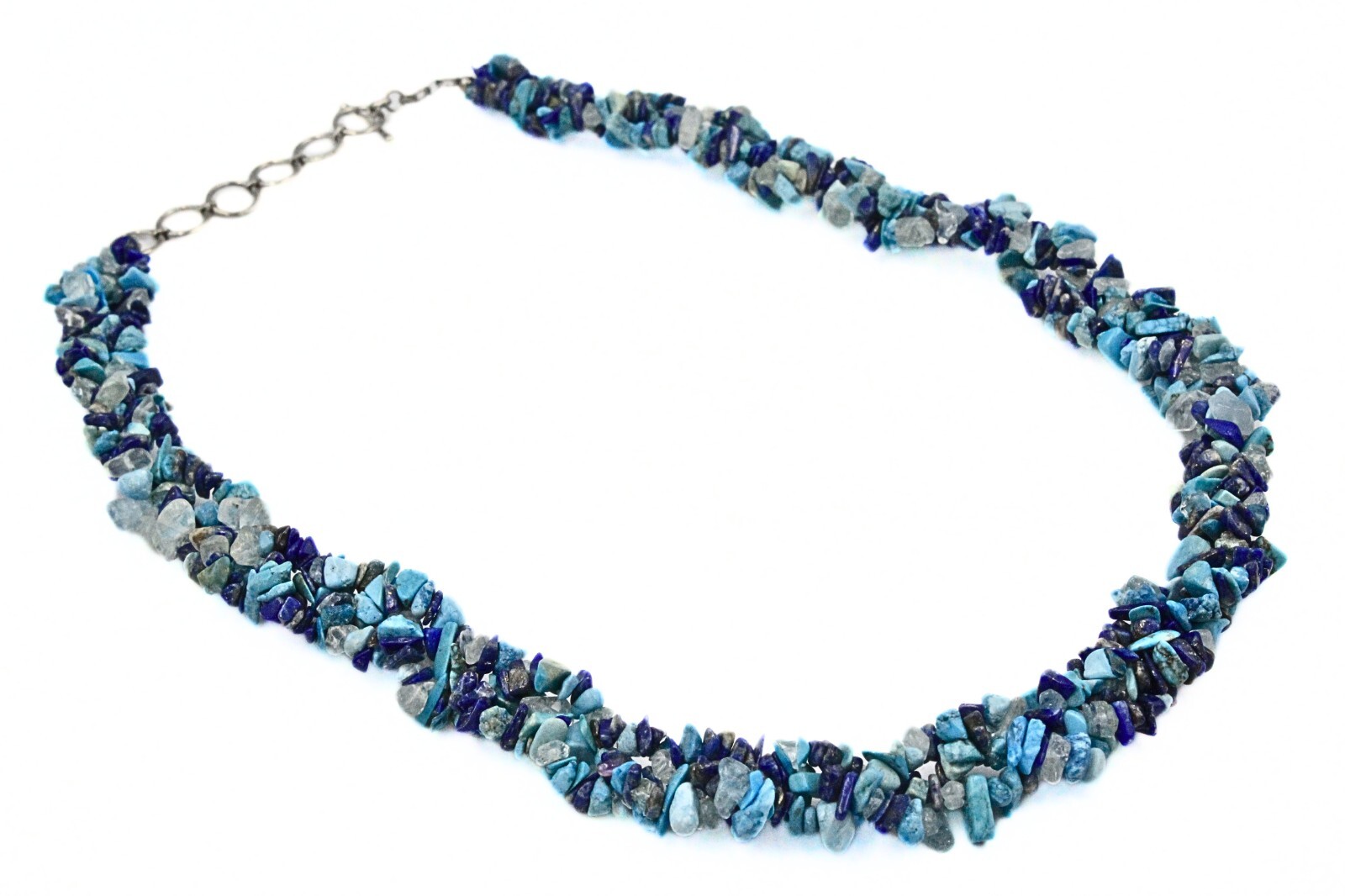 Stunning HSN Lapis Quartz Turquoise Nugget Beads Braided Rhodium Plate Necklace