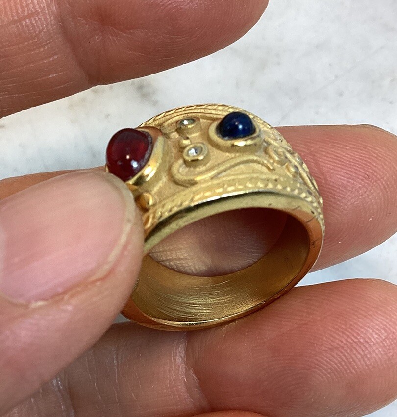 Vintage Gold Plated Byzantine Greek Faux Ruby Sapphire Peridot Ring Size 7