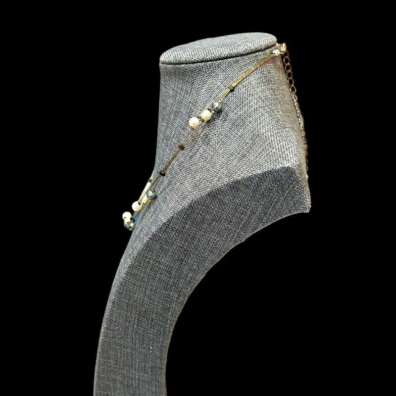 Floating Faux Pearl Necklace Gray and White 3-in-1 Strand 12 Inch Dainty Vintage