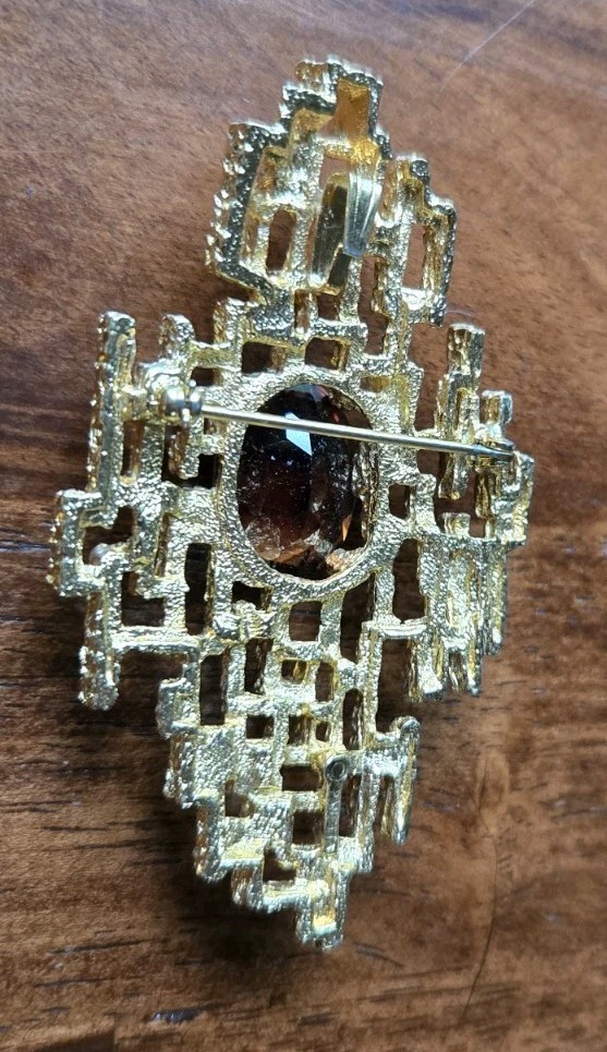 RARE PANETTA Brutalist Gold Brooch Pendant Smoky Quartz 1960s Beneditto Panetta