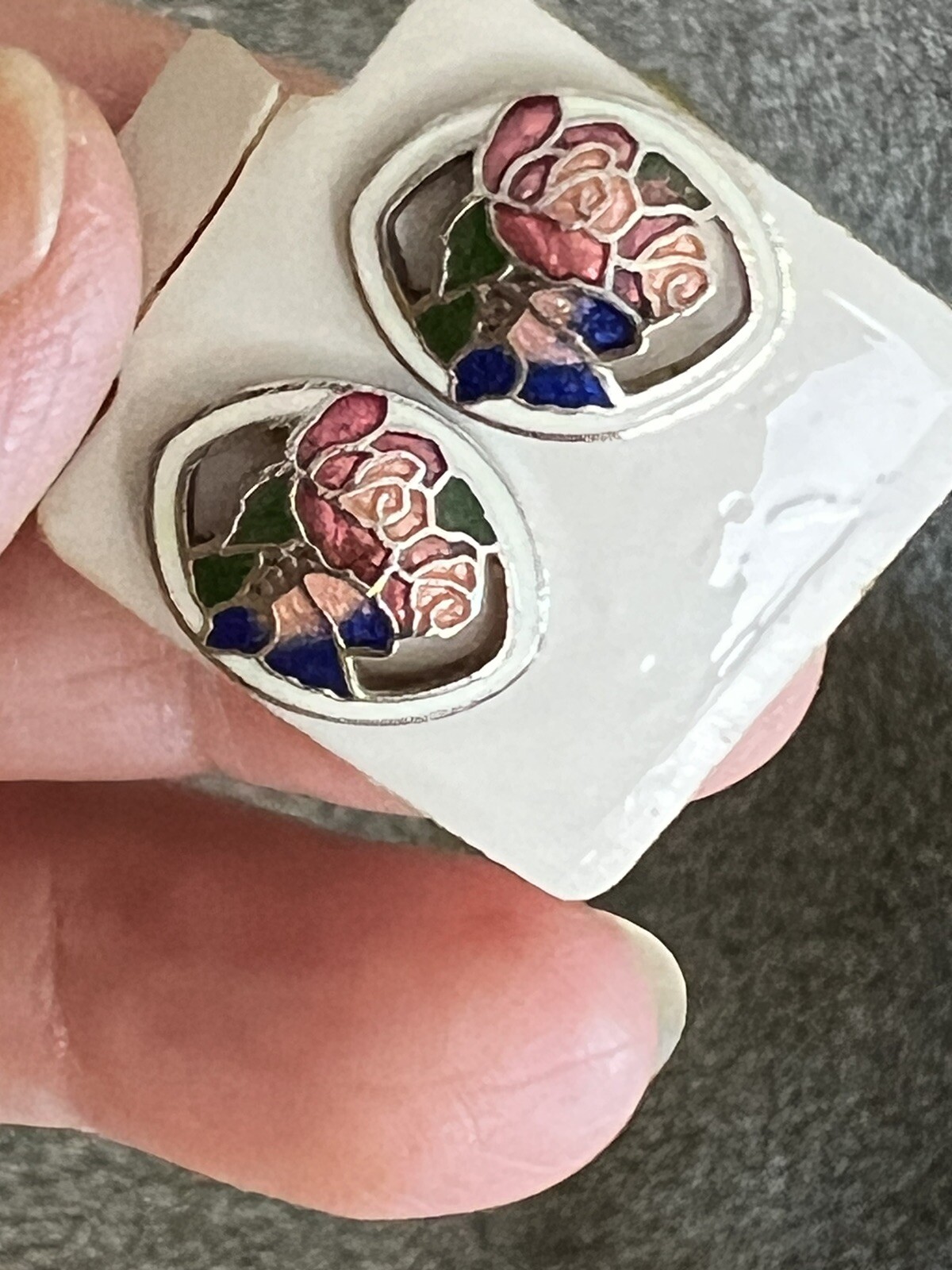 New Vtg Enamel Coated Pierce Post Earrings Pink Flower & Blue Butterfly 1/2 inch