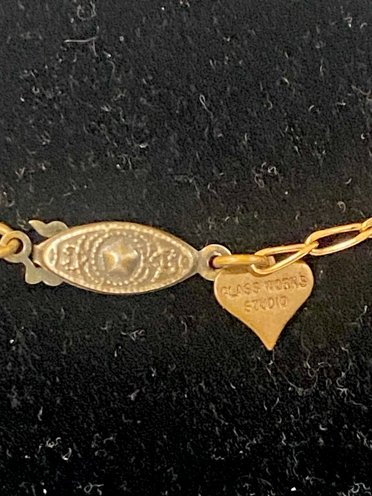 Vintage GLASS WORKS STUDIO Glass and Brass Heart Charm Necklace Intaglio 28”