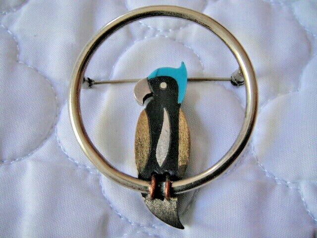 Vtg Taxco Sterling 925 AC Piedra Negra Tono Turquoise, brass Inlay bird Brooch