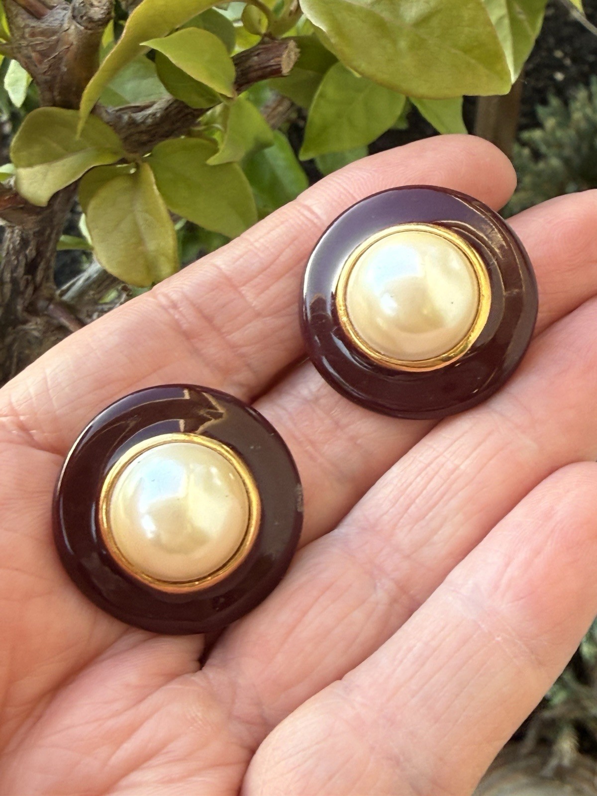 Vintage Gay Boyer Gold Tone Burgundy Enameled Pearl Pierced Earrings