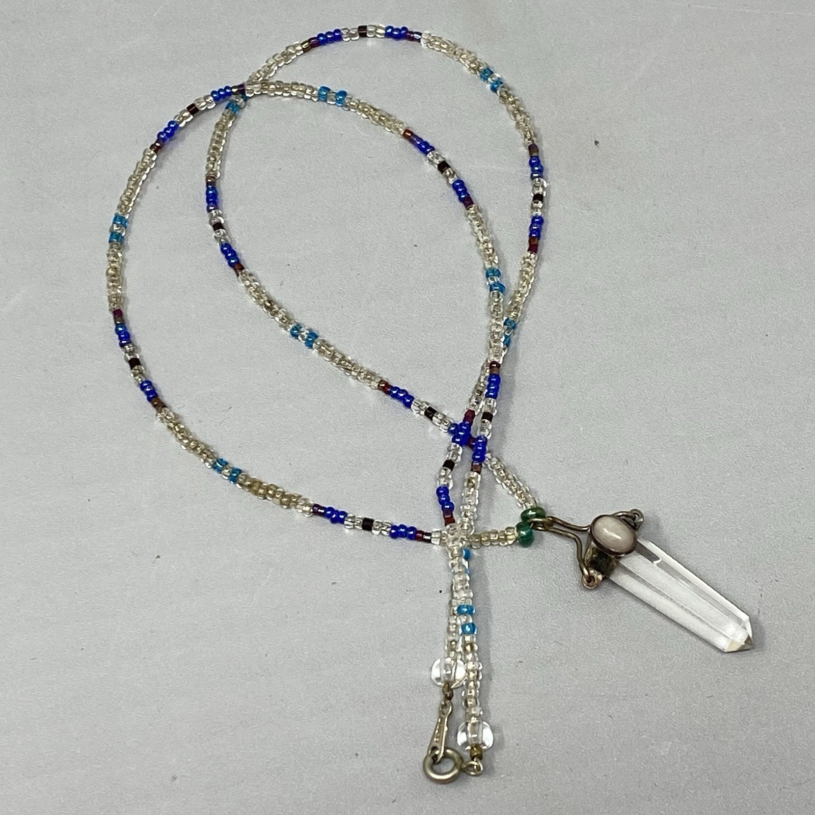 Crystal Rock Quartz Pendant Necklace Amulet Gemstone Blue Clear Seed Bead Chakra
