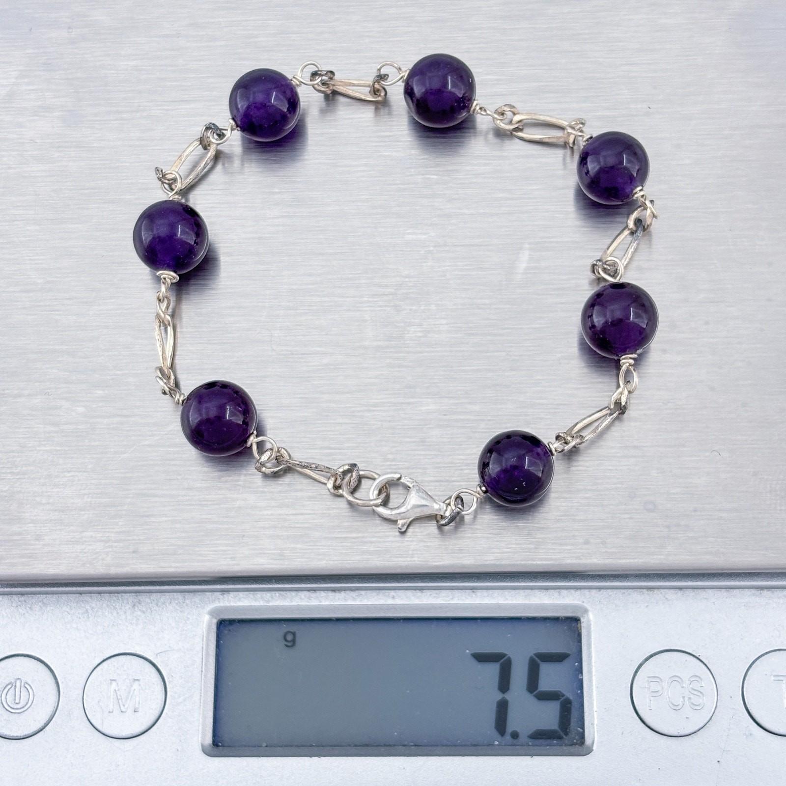 Vintage Sterling Silver 925 Amethyst Bead Bracelet 7.25″