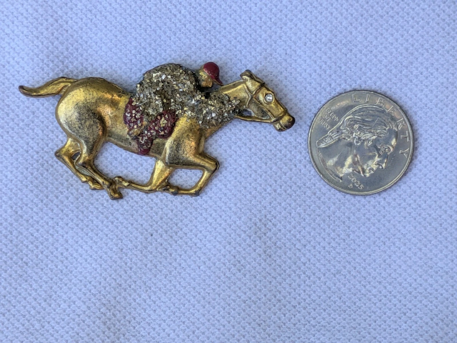 Antique Glass Glitter on Brass Race Horse & Jockey Brooch Pin C Clasp AS IS D92