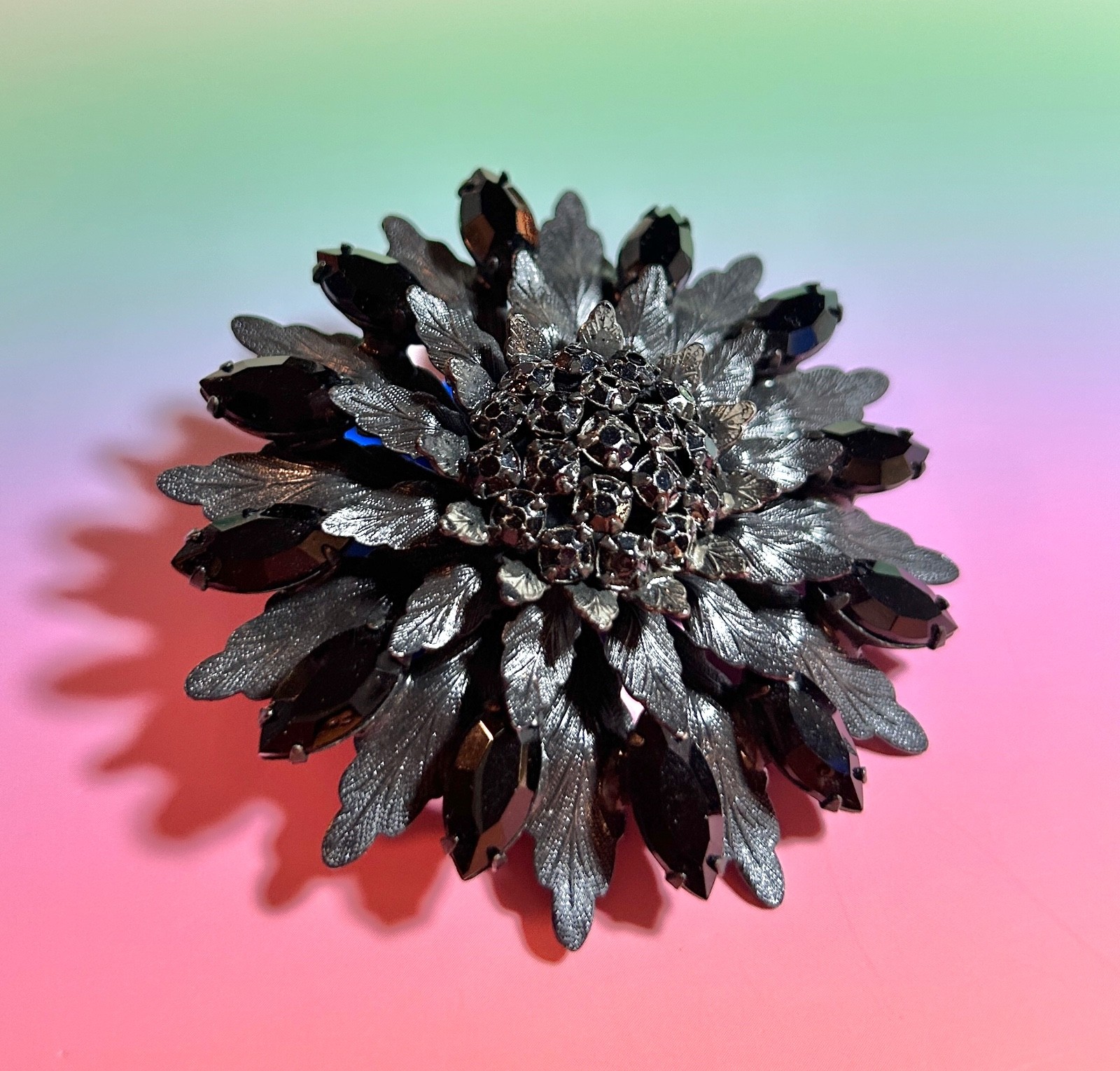 Vintage La Roco Large Rhinestone Flower Brooch Gunmetal Gray & Black 2.75”