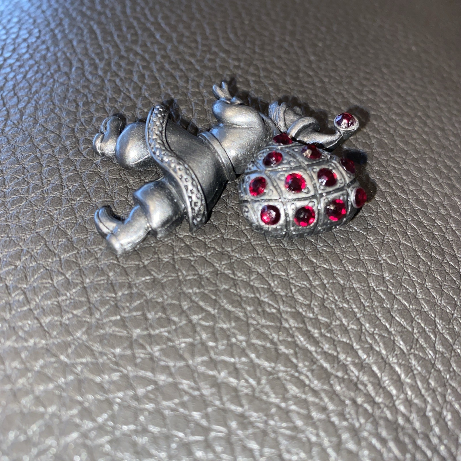 Vintage 1940’s Elf w/ Lattice Sack Brooch – Red Rhinestones Pewter Excellent