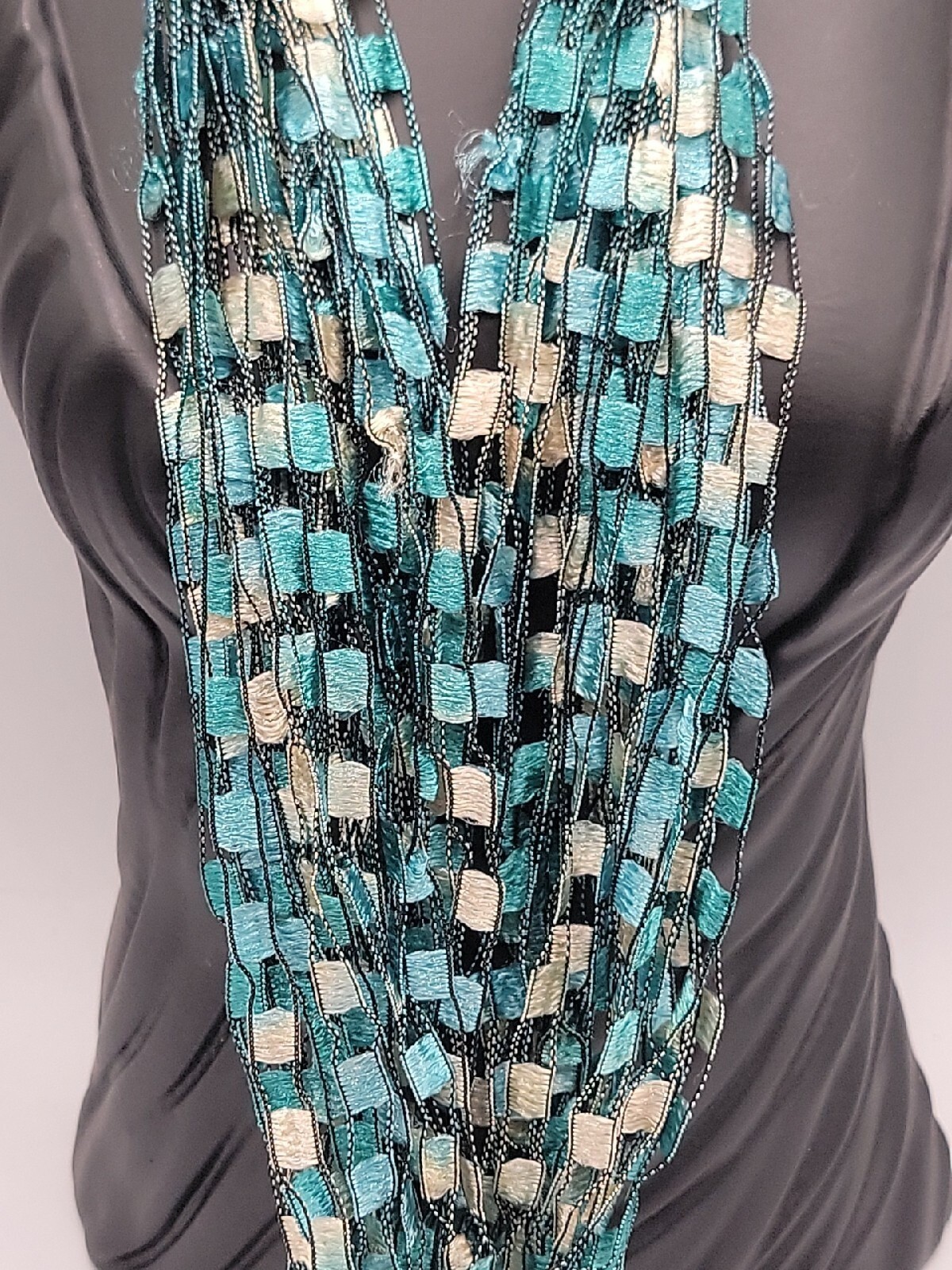 Scarf Ribbon Necklace Turquoise White Block Pattern 24″ Necklace VTG