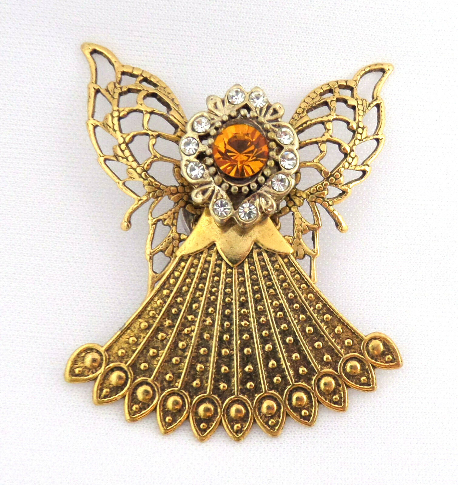 VTG Magnetic Pin Gold Plated Angel w Yellow & Clear Rhinestones Almost 2” Tall