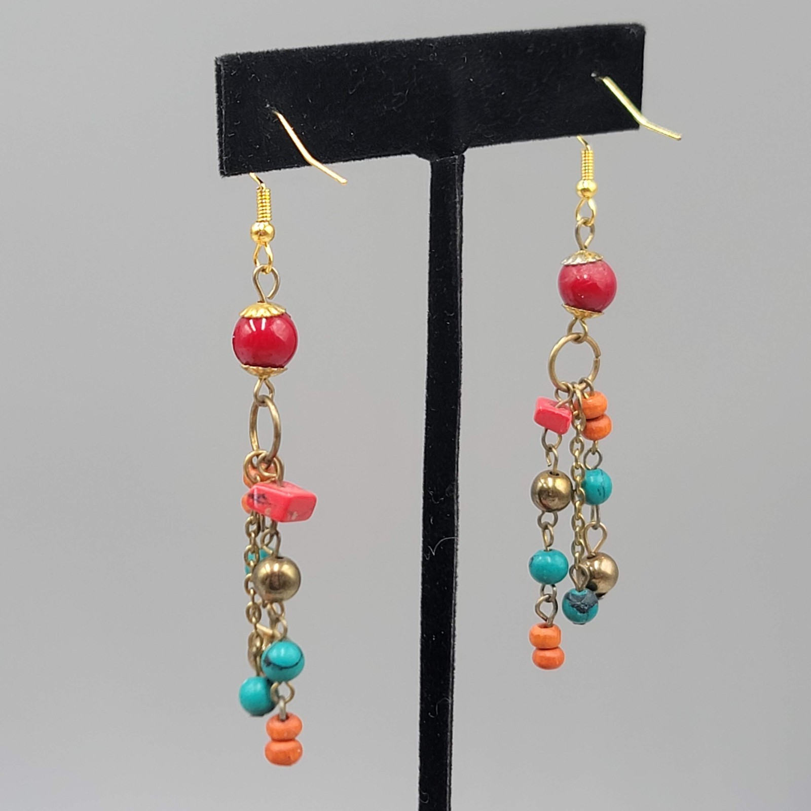 Vintage Multicolor Beaded Pierced Earrings Gold tone Dangle 2.25″