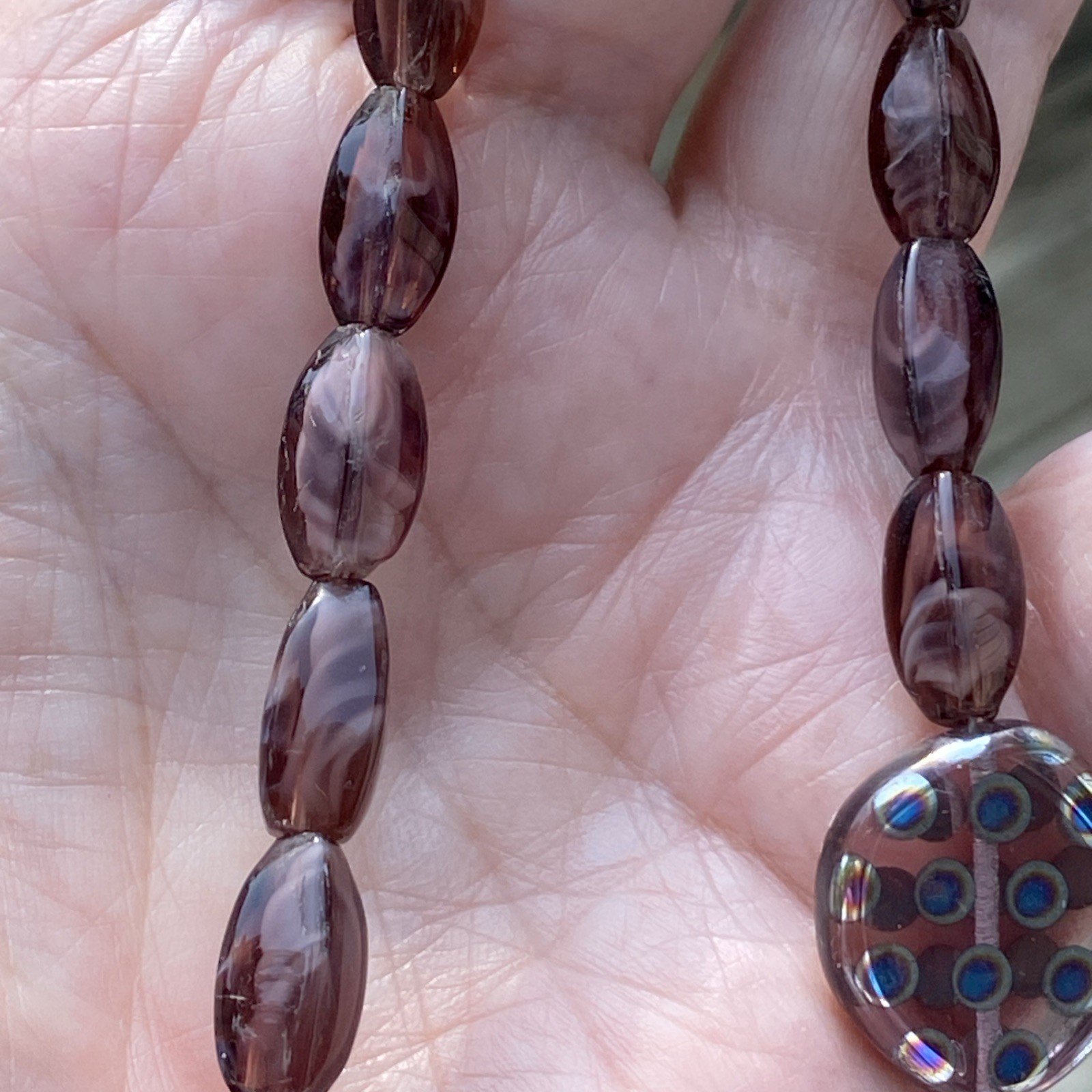 PURPLE GIVRÉ PEACOCK BEADS ART GLASS RETRO VITRAIL CRYSTAL GLASS NECKLACE