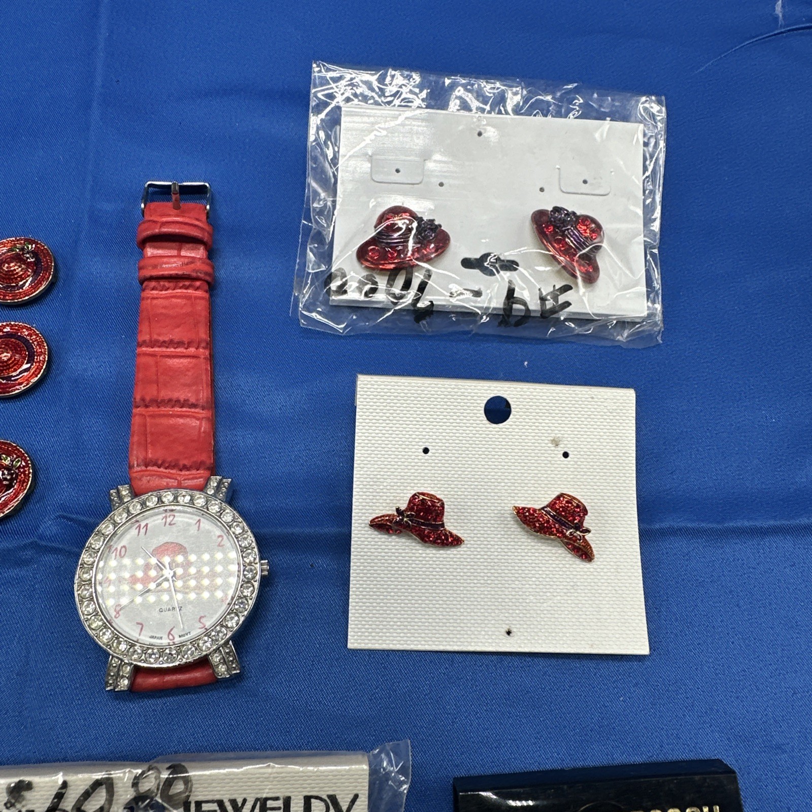 RED HAT SOCIETY JEWELRY LOT Broochs Pins Earrings Bracelet Buttons Watch