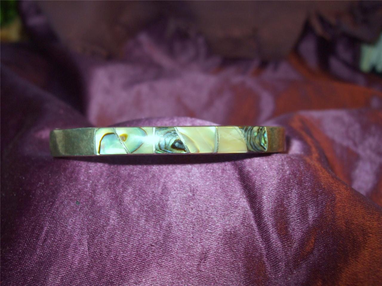 Estate Vintage Unisex Abalone Inlay Mexico Clamp Bangle Sterling Bracelet