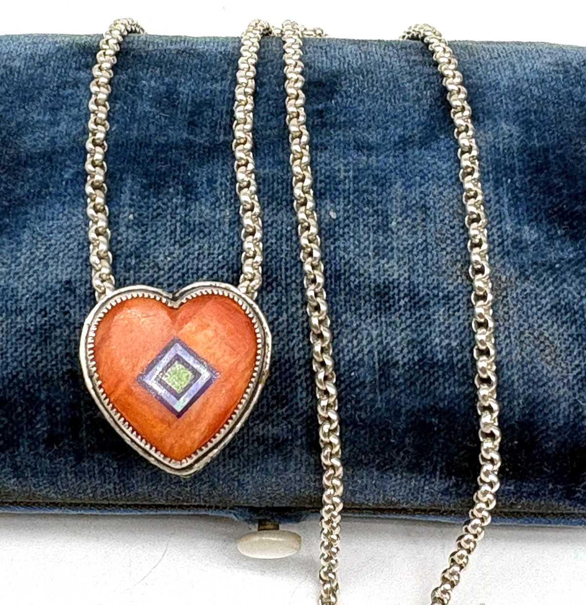 Aldrich Art Jewelry Necklace Orange Heart Inlay Sterling Silver Vintage 18″