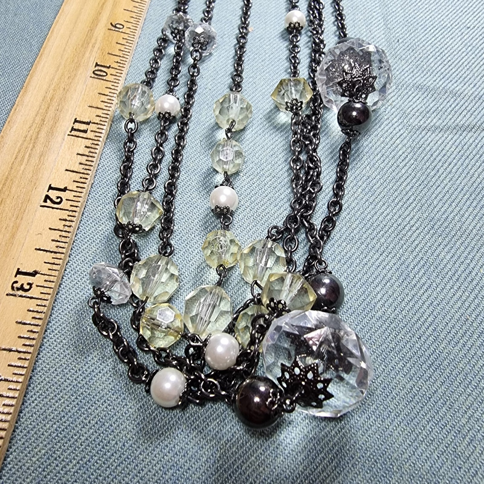 Vintage Set Necklace & Earrings Multi-Strand Black Cream Amber Tone Faux Pearl G