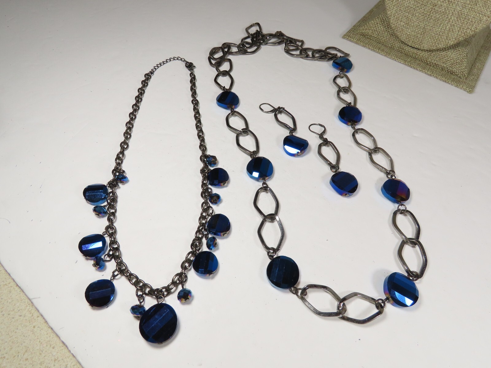 Vintage Blue Beaded Glass Faceted Crystal Necklaces Earrings Set Pierced C4802