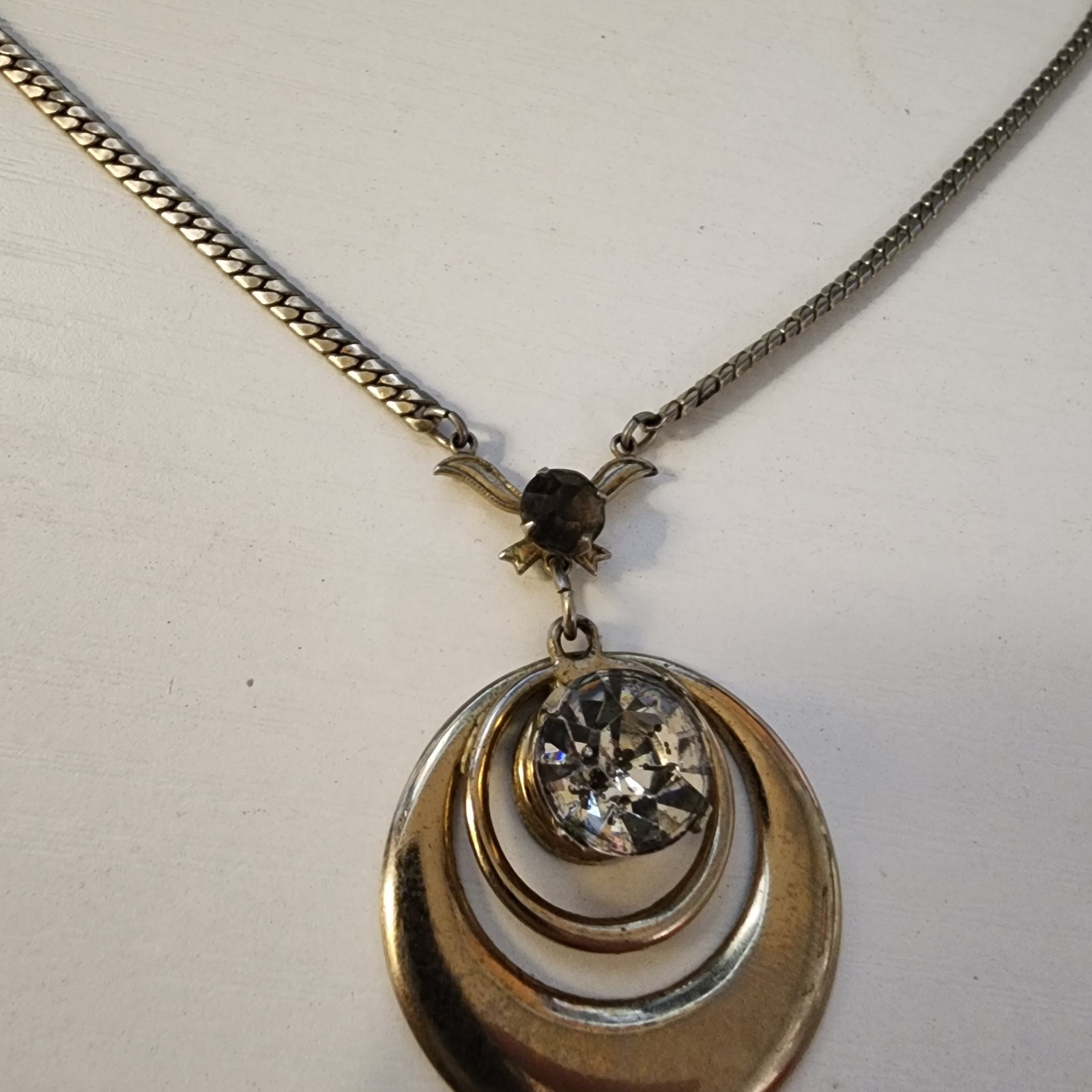 Vintage Silver Tone With Large Faux Diamond Black Rhinestones Necklace 2 Circles