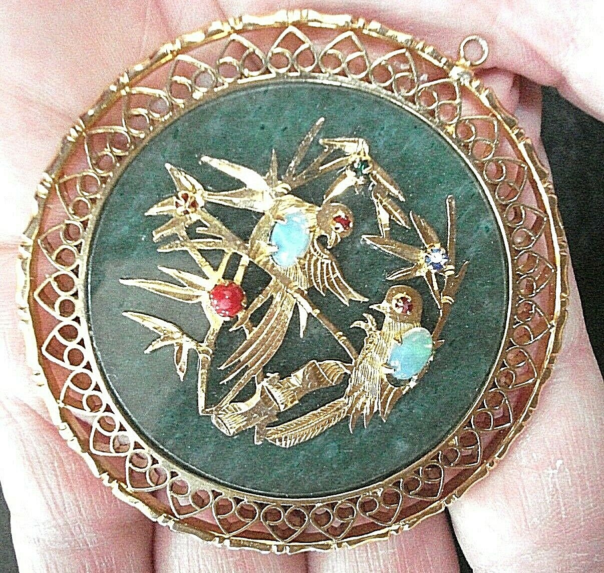 RARE Beautiful Vtg. Chinese Gold-Pl Jade & Gemstone Bird Pendant