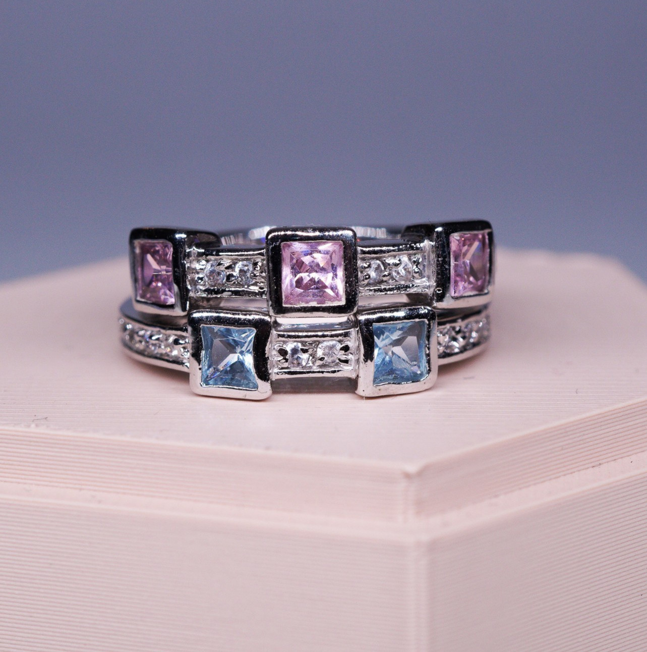1990’s 18K White Gold-Plated Pink and Blue square stone 2 ring stack