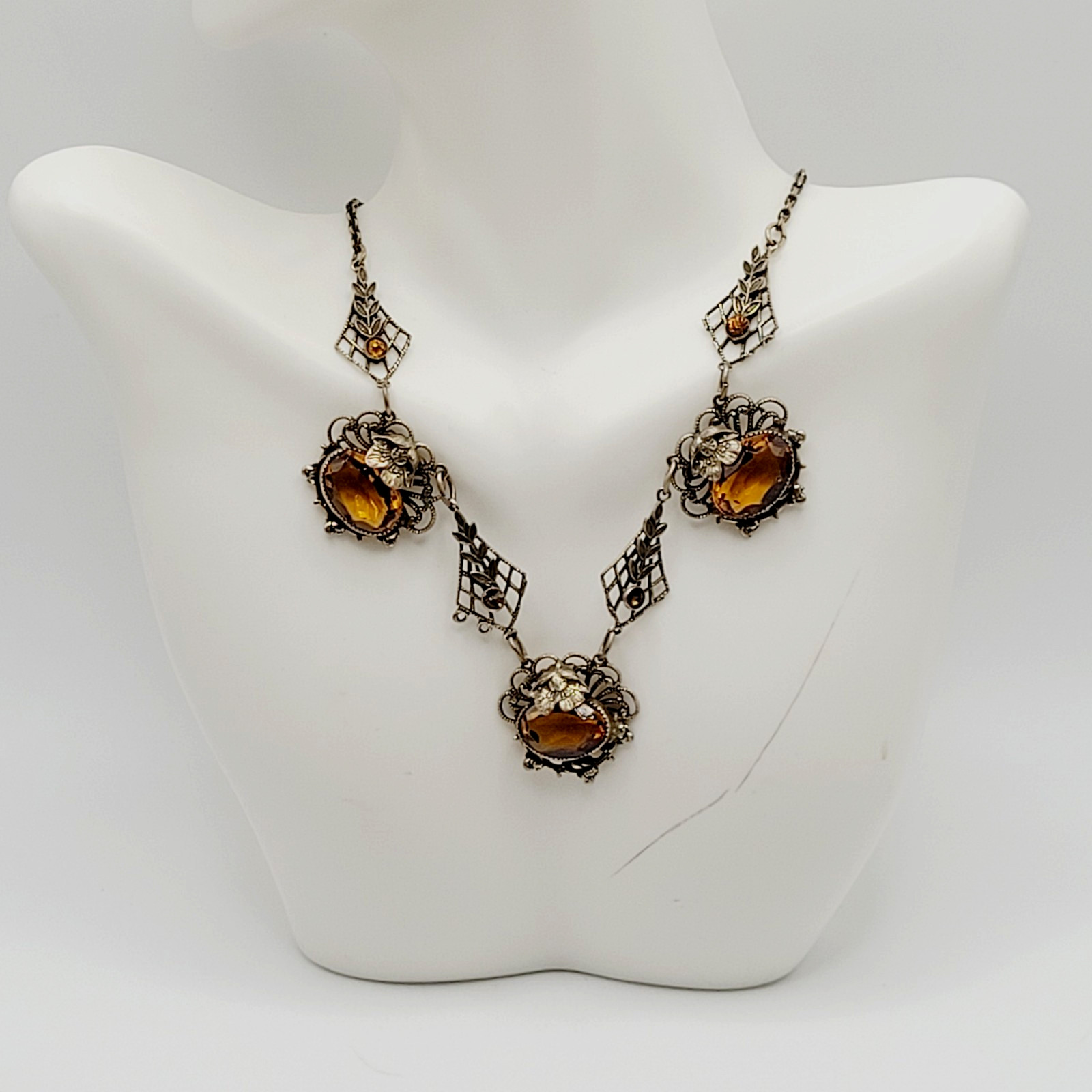 Czech Glass Art Nouveau Deco Flower Motif Brass Festoon Bib Amber Citrine 15 In