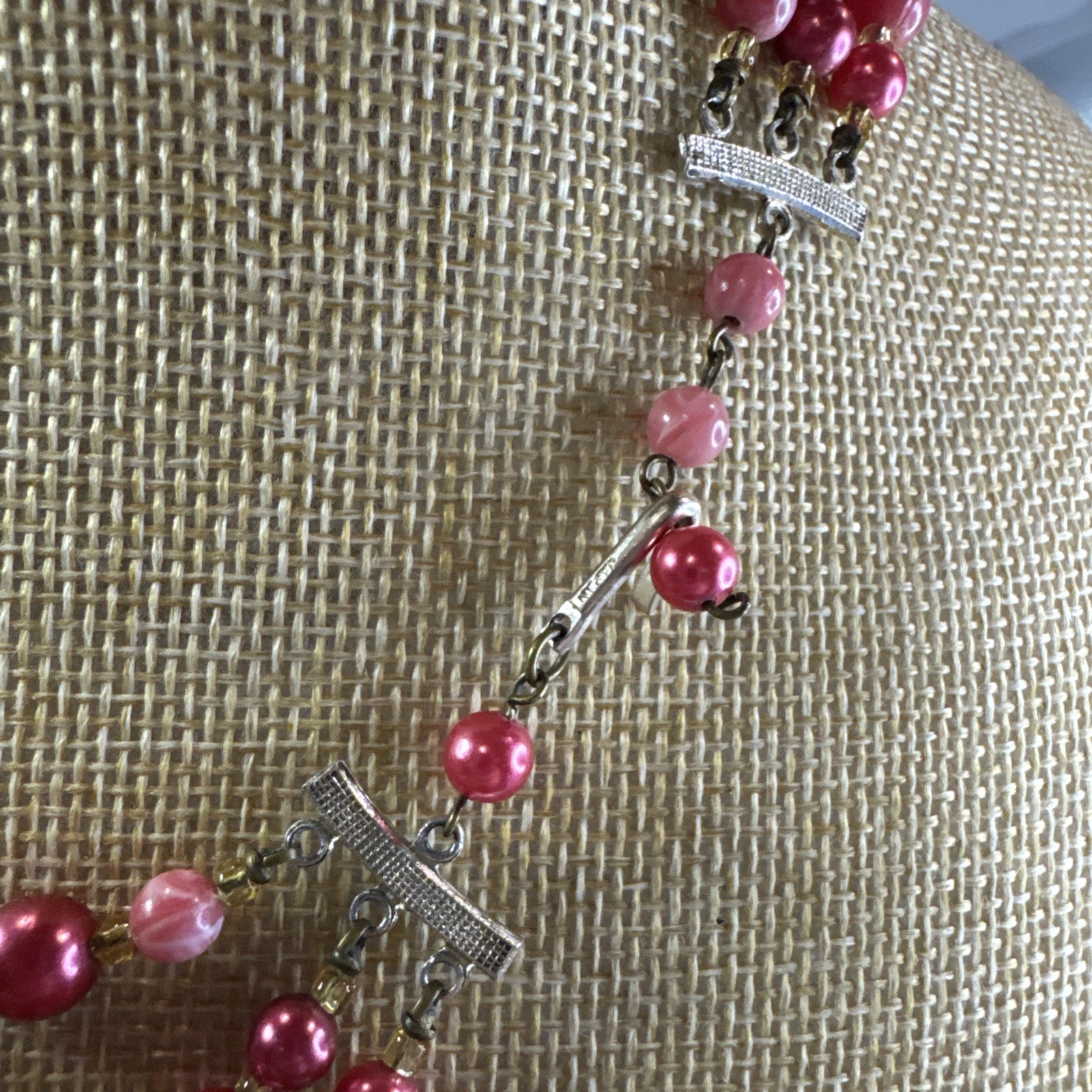VTG 60s Japan Triple Strand Pink Plastic Layered Bead Statement Necklace