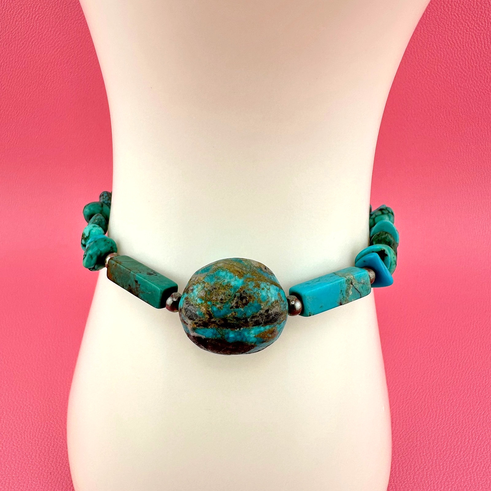 Vintage Turquoise Bead Sterling Silver Bracelet Blue Green South Western 6.25″