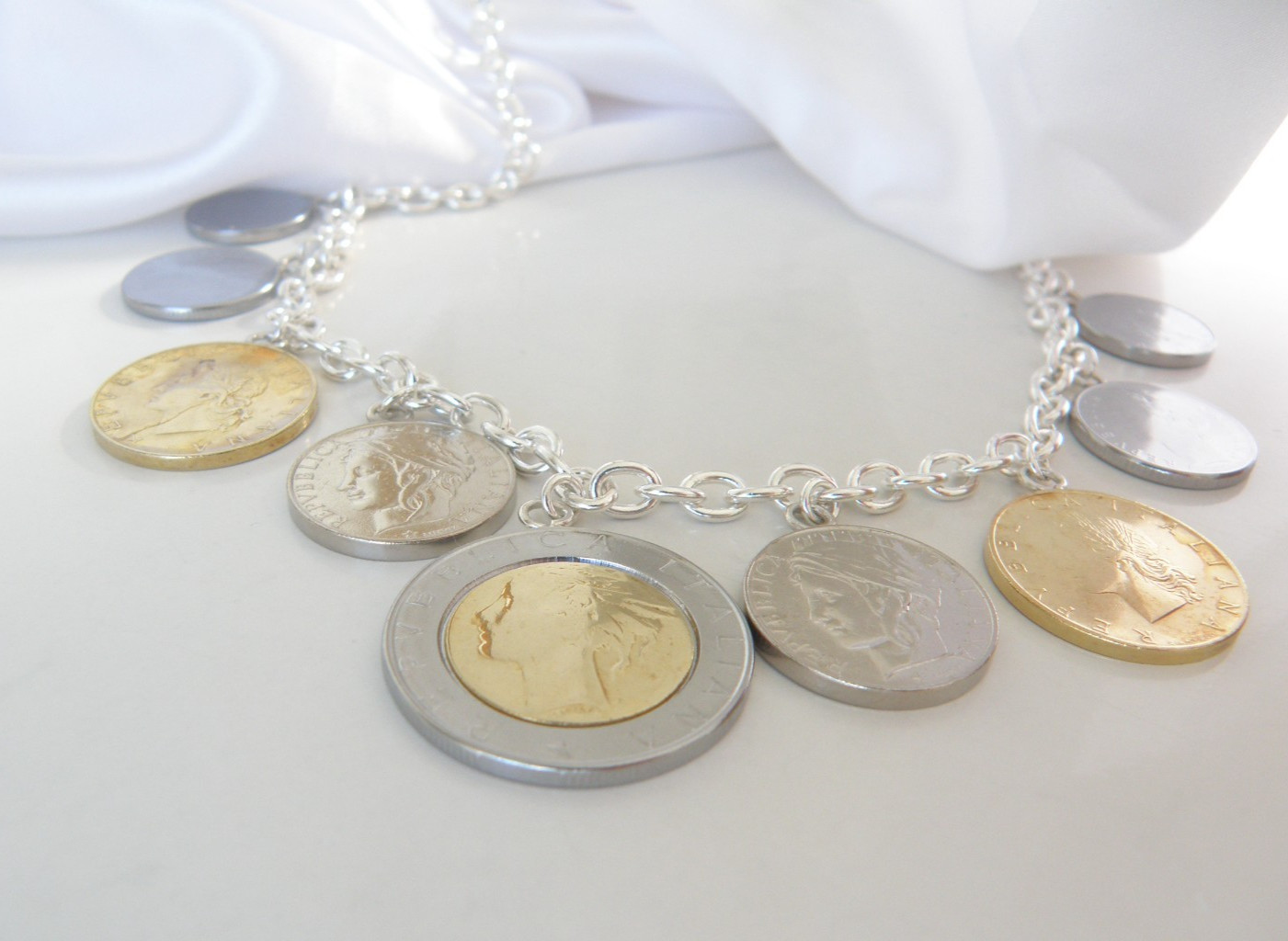 Milor Italy Sterling Silver 925 Italian Coin Charm Rolo Link Heavy Necklace 20″