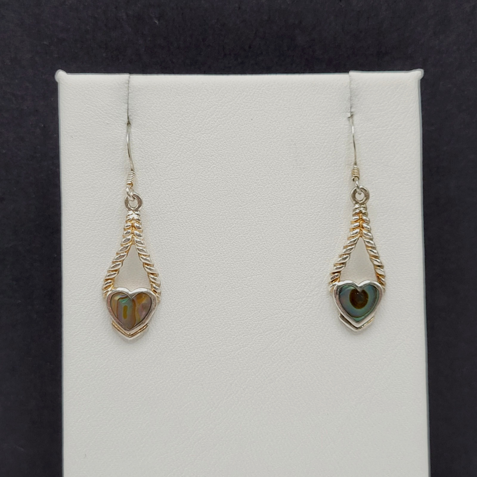 Heart Twisted Open Metal Paua Shell Inlay Sterling 925 MC Hook Pierced Earrings