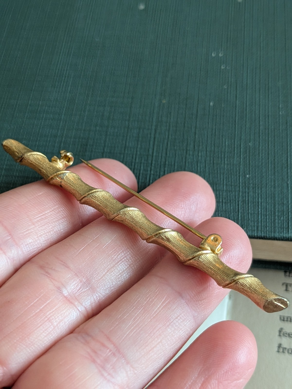 Vtg Organic Bamboo Bar Pin Gold Tone Branch Shaped Mid Cen Brooch Nature Inspire