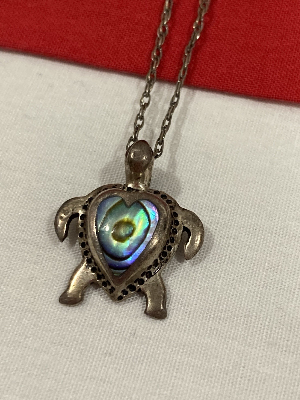 Vintage 925 Sterling Silver Abalone Heart Turtle Pendant & Chain Necklace 18.5”