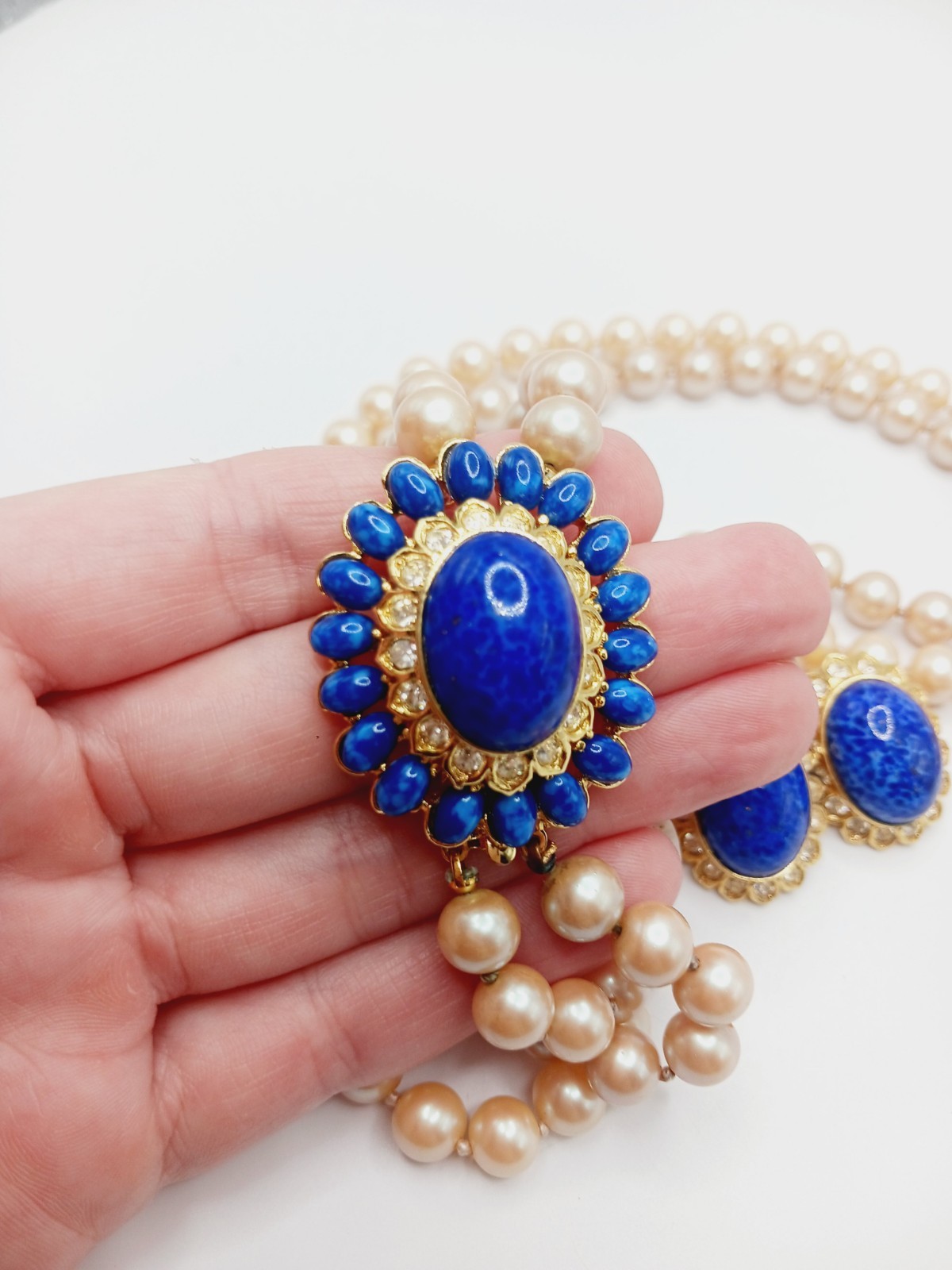 Vintage Set faux Lapis Lazuli mottled Glass Necklace pearl dome cabochon mogul